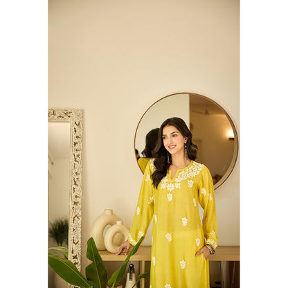 Old Marigold Sofiya Yellow Muslin Hand Embroidered Chikankari Kurta