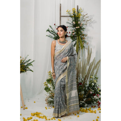 Old Marigold Bouganvillea Floral Printed Chanderi Silk Saree with Unstitched Blouse