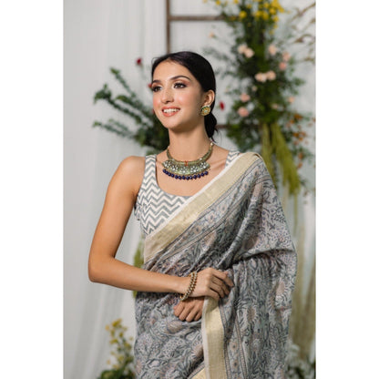 Old Marigold Bouganvillea Floral Printed Chanderi Silk Saree with Unstitched Blouse