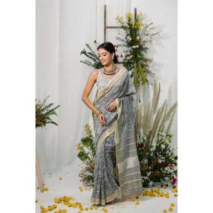 Old Marigold Bouganvillea Floral Printed Chanderi Silk Saree with Unstitched Blouse