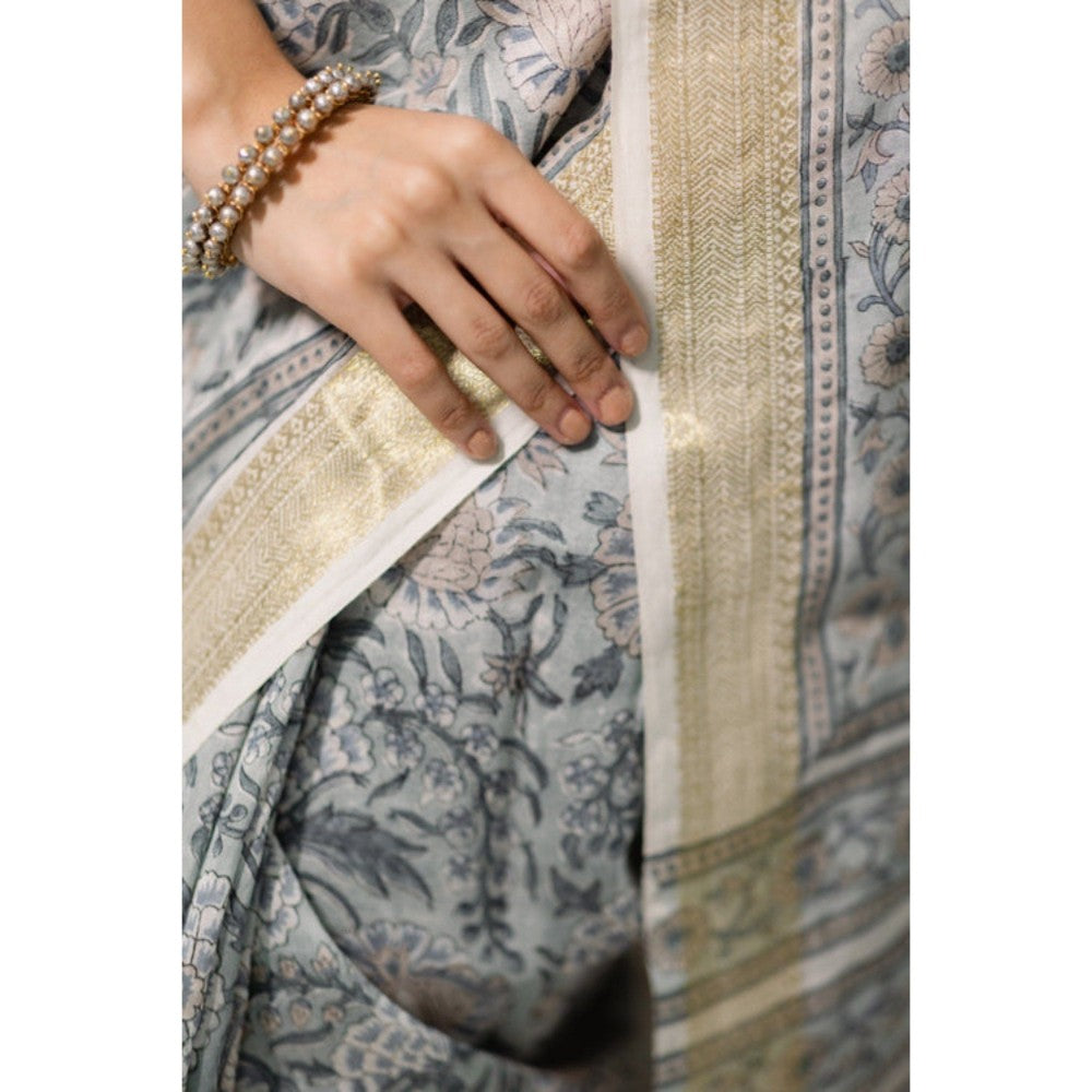 Old Marigold Bouganvillea Floral Printed Chanderi Silk Saree with Unstitched Blouse