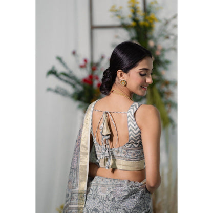 Old Marigold Bouganvillea Floral Printed Chanderi Silk Saree with Unstitched Blouse