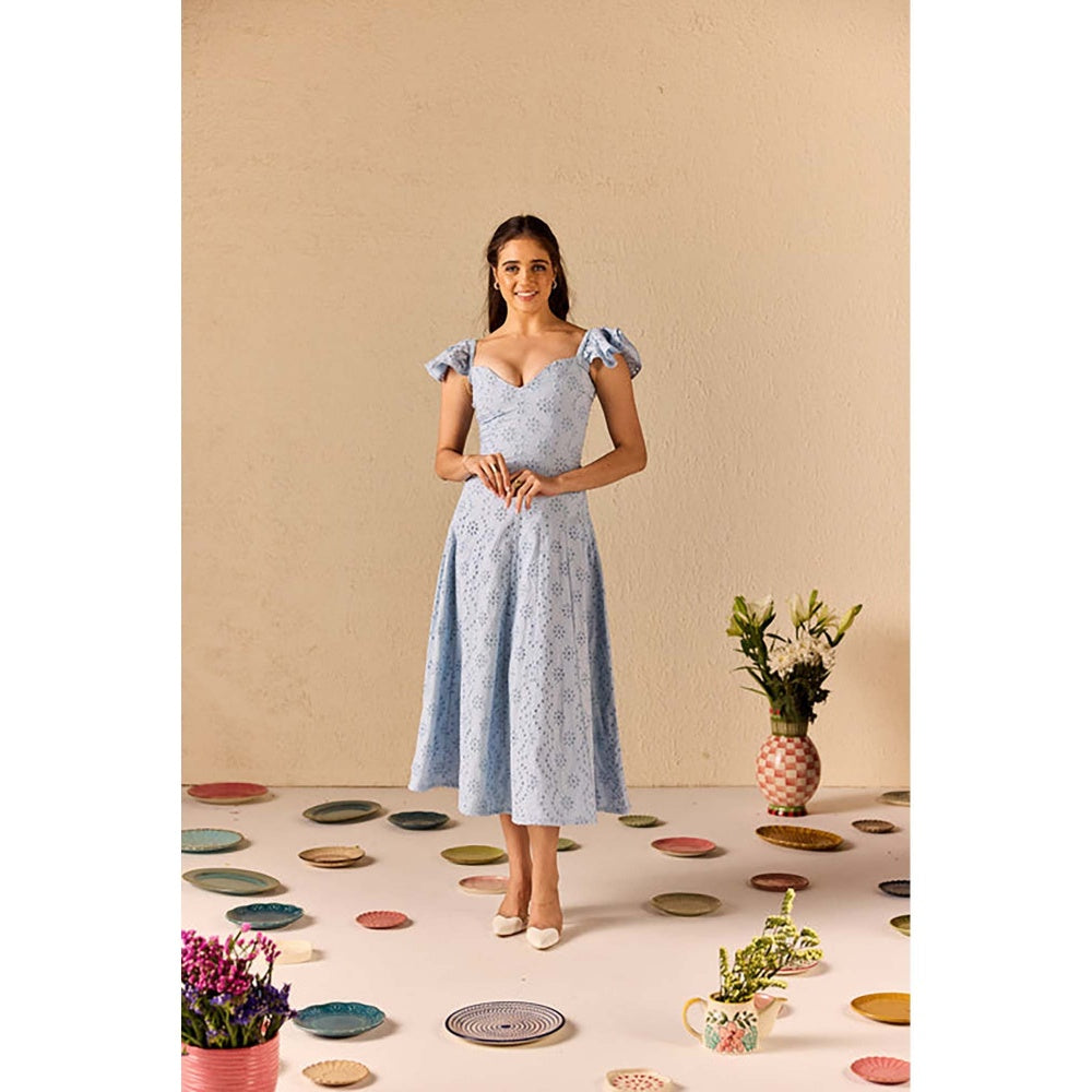 Old Marigold Azurea Powder Blue Embroidered Schiffli Midi Dress