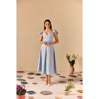 Old Marigold Azurea Powder Blue Embroidered Schiffli Midi Dress