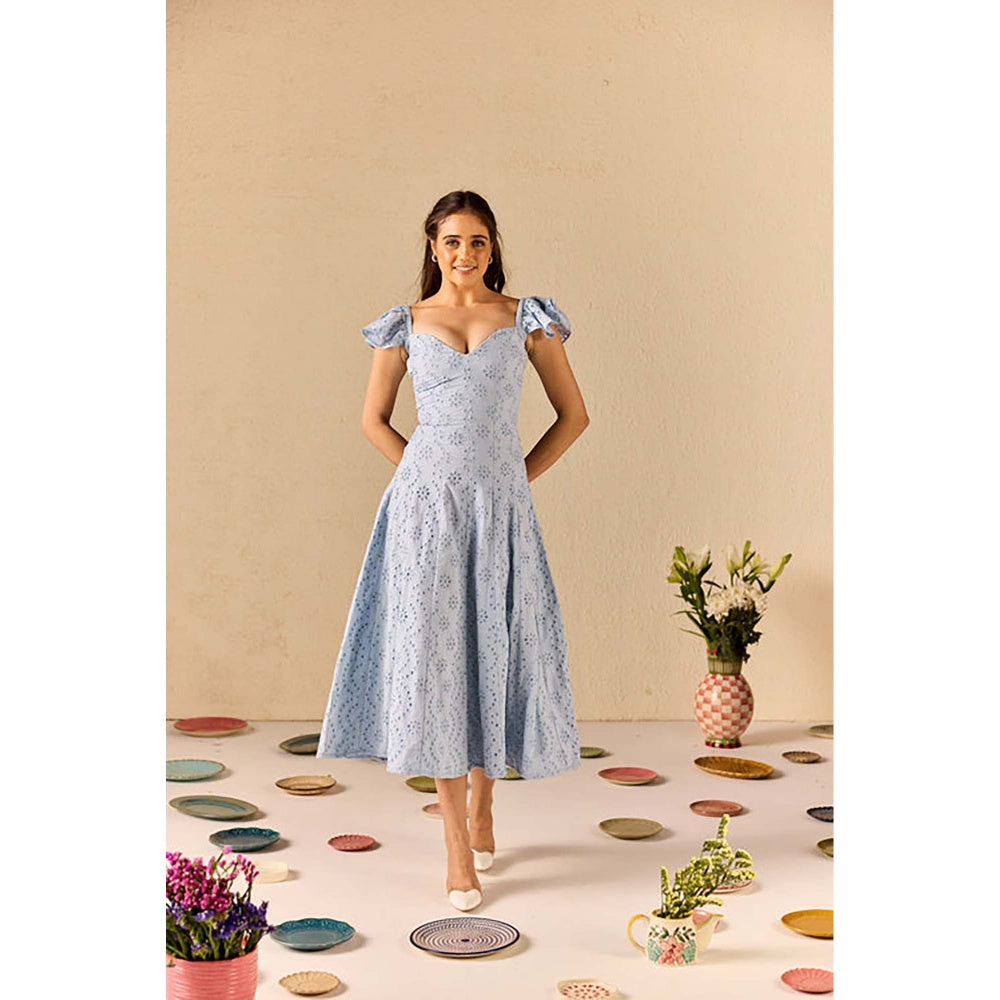 Old Marigold Azurea Powder Blue Embroidered Schiffli Midi Dress