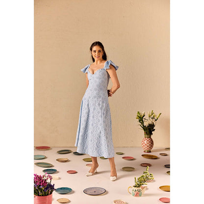 Old Marigold Azurea Powder Blue Embroidered Schiffli Midi Dress