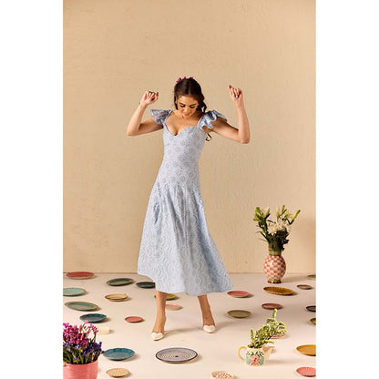Old Marigold Azurea Powder Blue Embroidered Schiffli Midi Dress