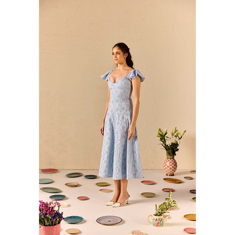 Old Marigold Azurea Powder Blue Embroidered Schiffli Midi Dress
