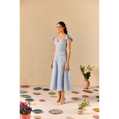 Old Marigold Azurea Powder Blue Embroidered Schiffli Midi Dress