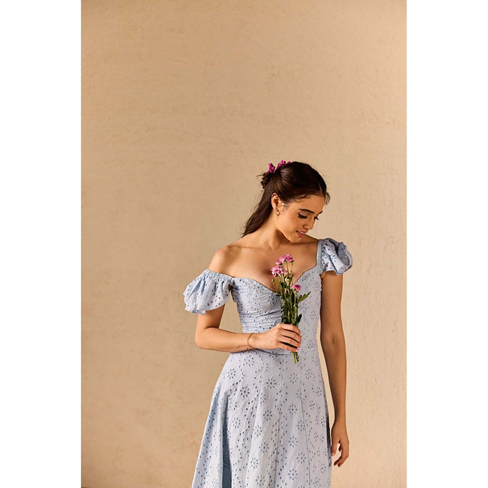Old Marigold Azurea Powder Blue Embroidered Schiffli Midi Dress