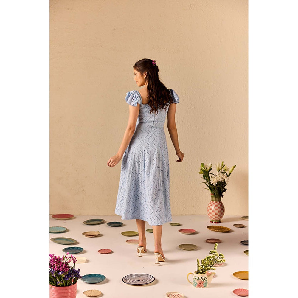 Old Marigold Azurea Powder Blue Embroidered Schiffli Midi Dress
