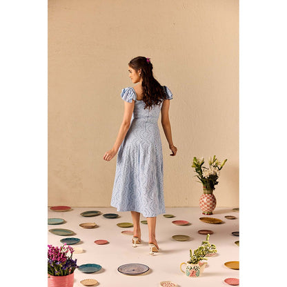 Old Marigold Azurea Powder Blue Embroidered Schiffli Midi Dress