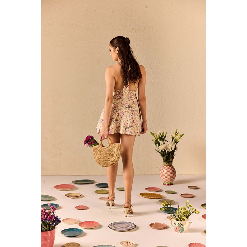 Old Marigold Steffani Beige Floral Halter neck Mini Dress