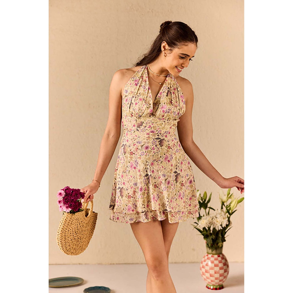 Old Marigold Steffani Beige Floral Halter neck Mini Dress