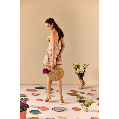 Old Marigold Steffani Beige Floral Halter neck Mini Dress