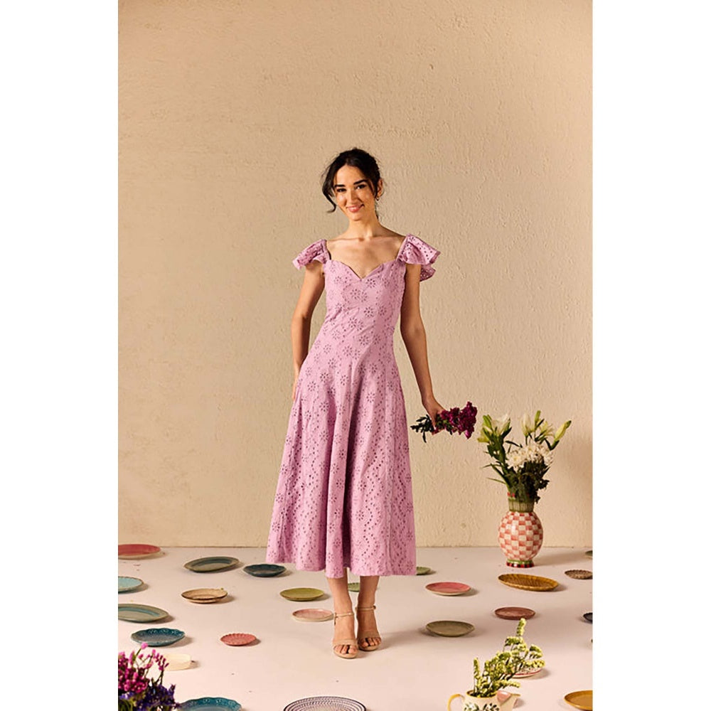 Old Marigold Violetta Lavender Embroidered Schiffli Midi Dress