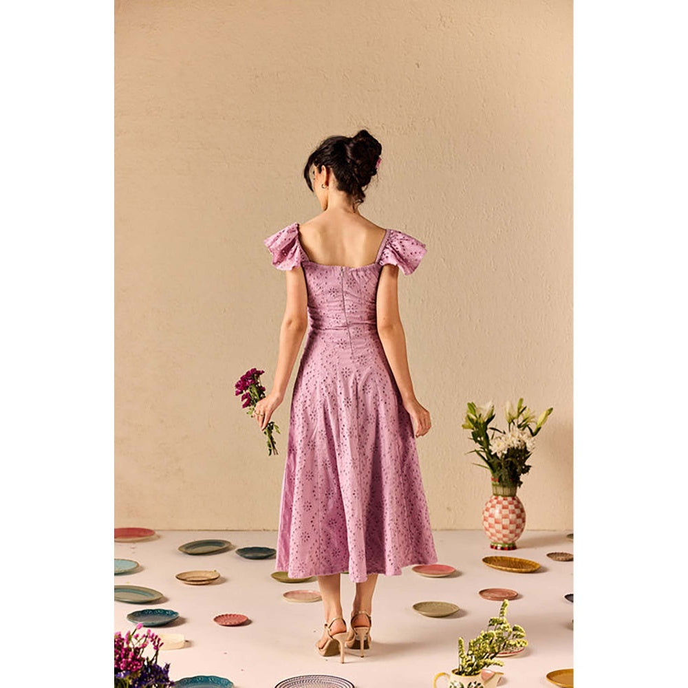 Old Marigold Violetta Lavender Embroidered Schiffli Midi Dress