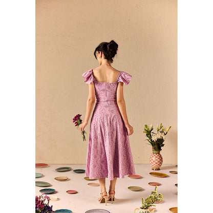 Old Marigold Violetta Lavender Embroidered Schiffli Midi Dress