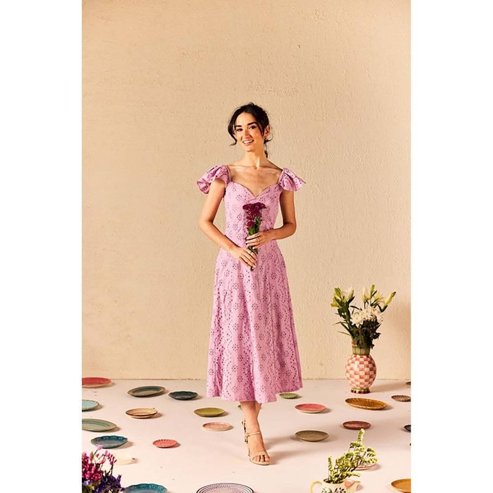 Old Marigold Violetta Lavender Embroidered Schiffli Midi Dress