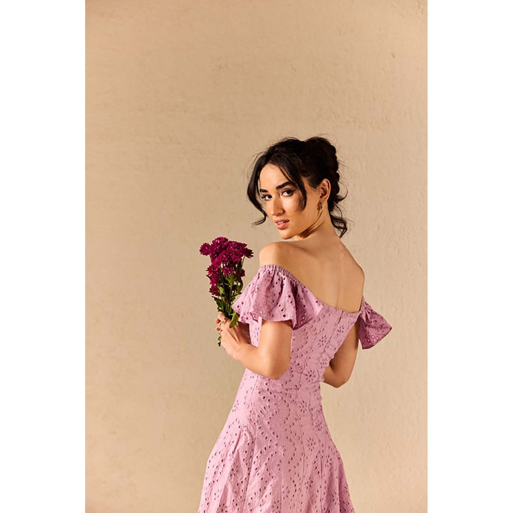 Old Marigold Violetta Lavender Embroidered Schiffli Midi Dress