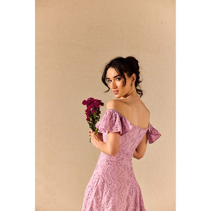 Old Marigold Violetta Lavender Embroidered Schiffli Midi Dress