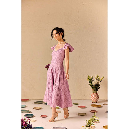 Old Marigold Violetta Lavender Embroidered Schiffli Midi Dress