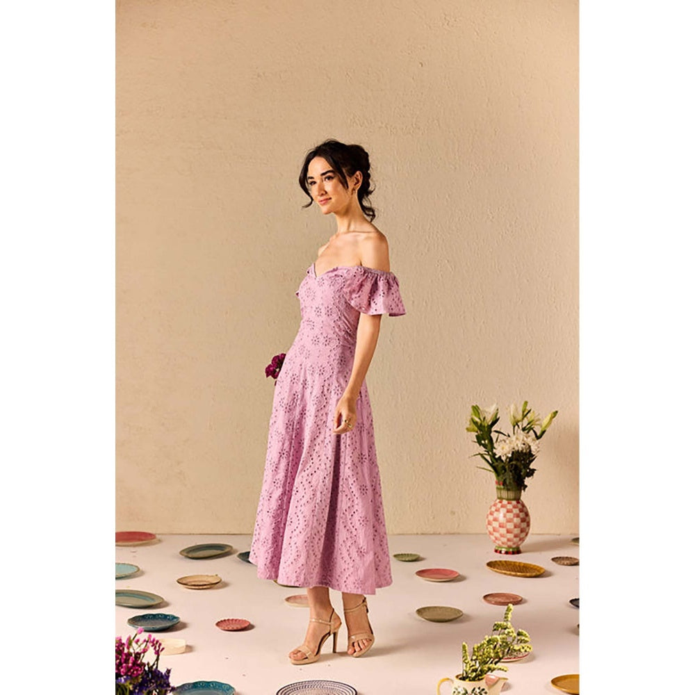 Old Marigold Violetta Lavender Embroidered Schiffli Midi Dress