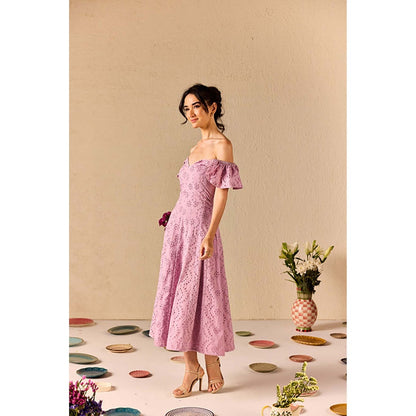 Old Marigold Violetta Lavender Embroidered Schiffli Midi Dress