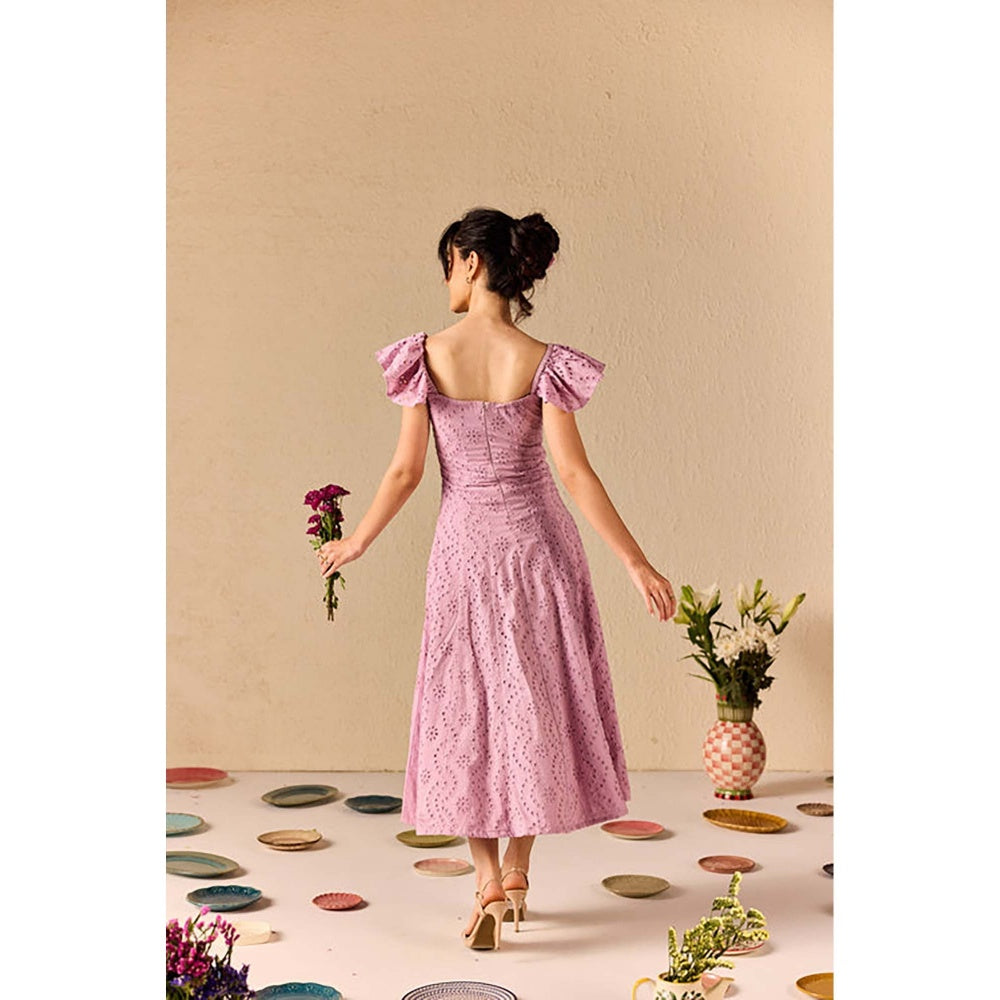Old Marigold Violetta Lavender Embroidered Schiffli Midi Dress