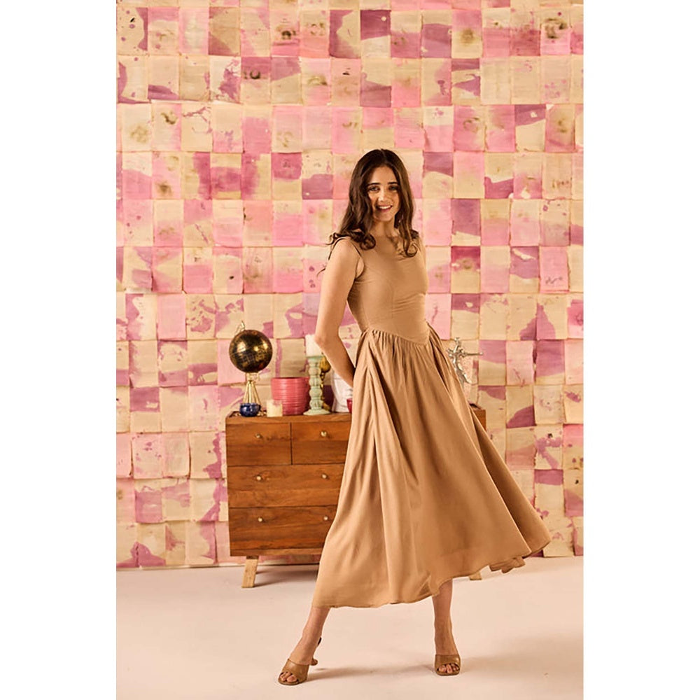 Old Marigold Elara Camel Brown Drop Waist Rayon Midi Dress