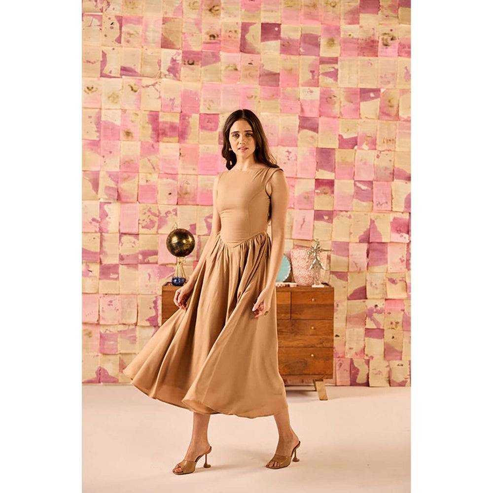 Old Marigold Elara Camel Brown Drop Waist Rayon Midi Dress