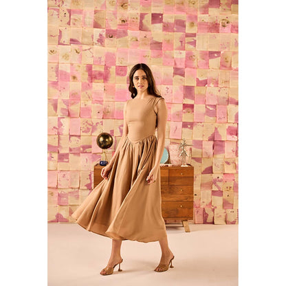 Old Marigold Elara Camel Brown Drop Waist Rayon Midi Dress