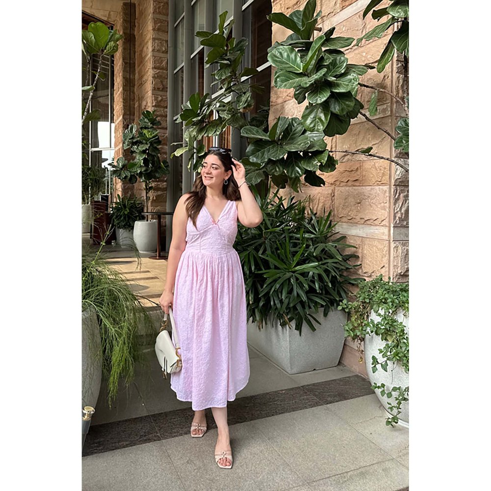 Old Marigold Margot Baby Pink Bow Detail A-Line Midi Dress