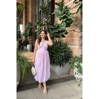 Old Marigold Margot Baby Pink Bow Detail A-Line Midi Dress
