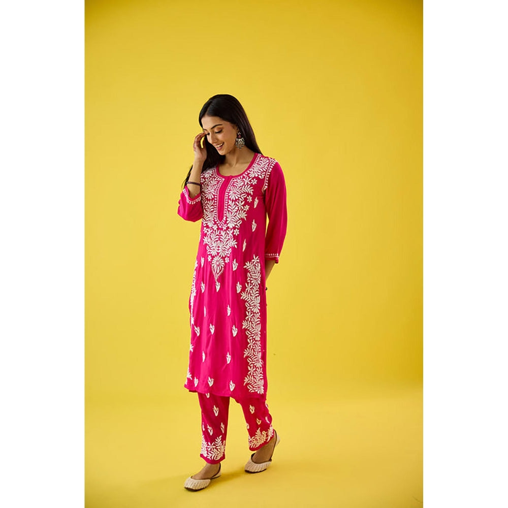 Old Marigold Pink Embroidered Chikankari Round Neck Kurta with Pant