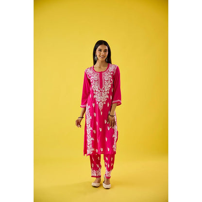 Old Marigold Pink Embroidered Chikankari Round Neck Kurta with Pant