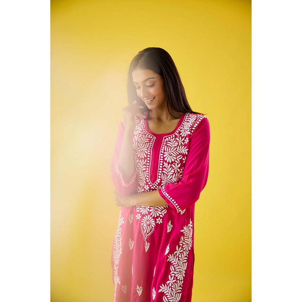 Old Marigold Pink Embroidered Chikankari Round Neck Kurta with Pant