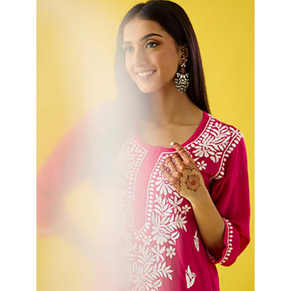 Old Marigold Pink Embroidered Chikankari Round Neck Kurta with Pant