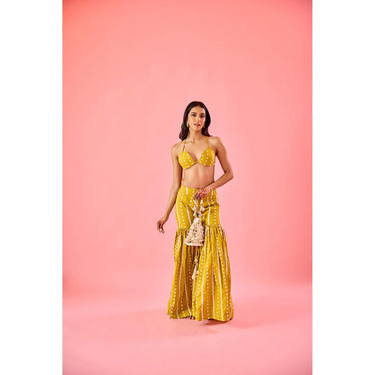 Old Marigold Yellow Embroidered Plunging Neck Blouse with Sharara