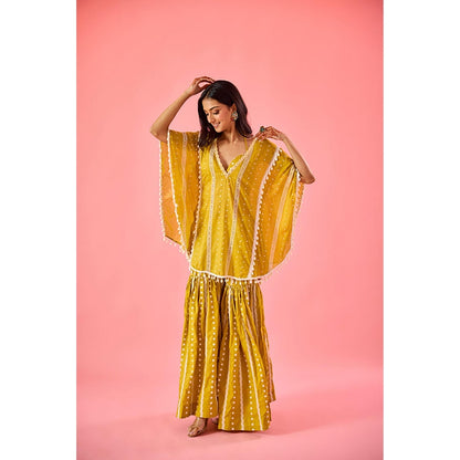 Old Marigold Yellow Embroidered V-Neck Kaftan with Blouse and Sharara