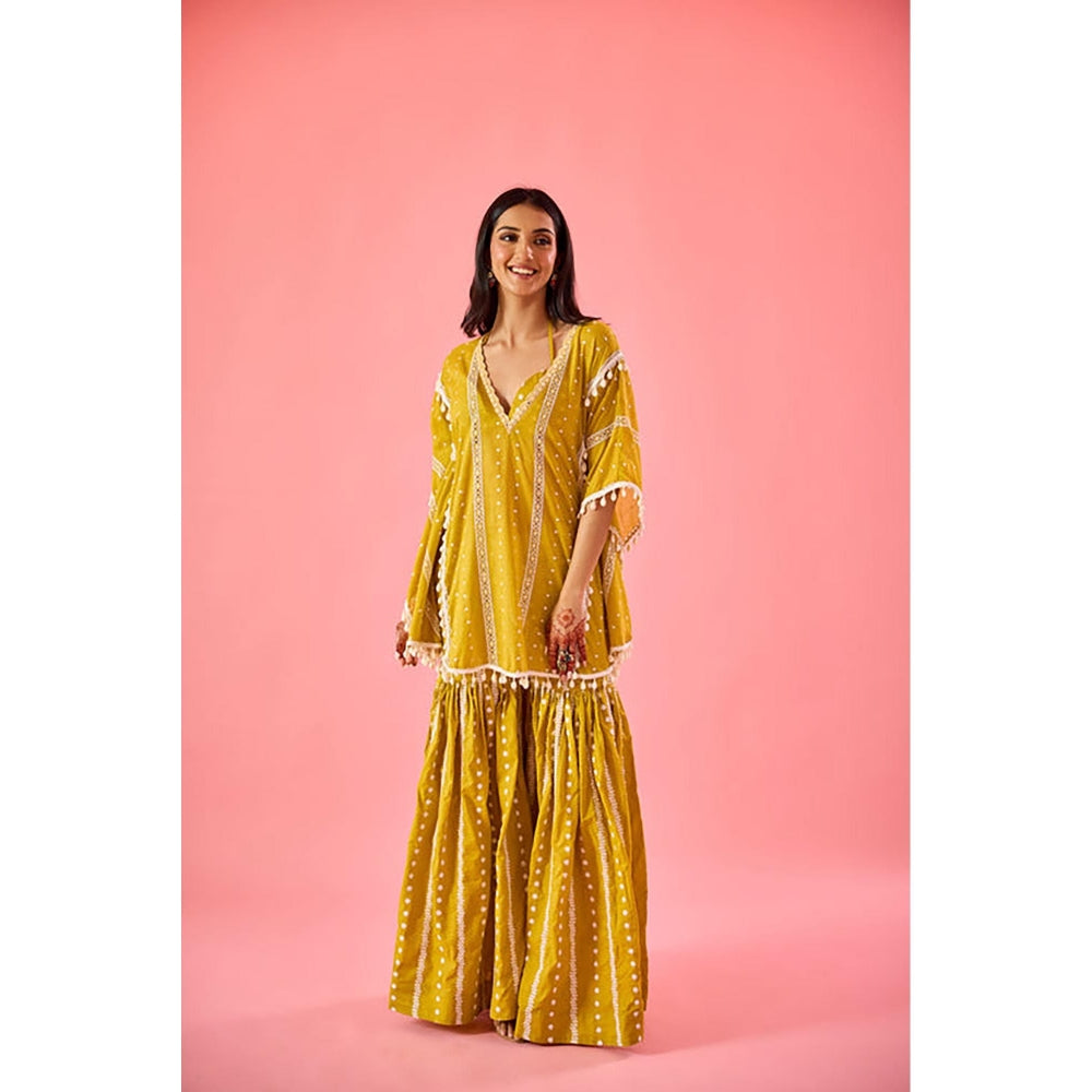 Old Marigold Yellow Embroidered V-Neck Kaftan with Blouse and Sharara