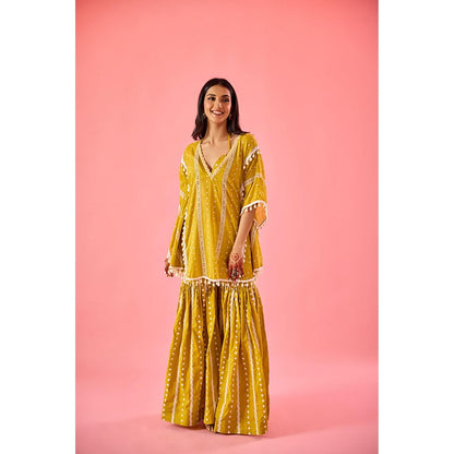 Old Marigold Yellow Embroidered V-Neck Kaftan with Blouse and Sharara