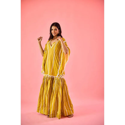 Old Marigold Yellow Embroidered V-Neck Kaftan with Blouse and Sharara