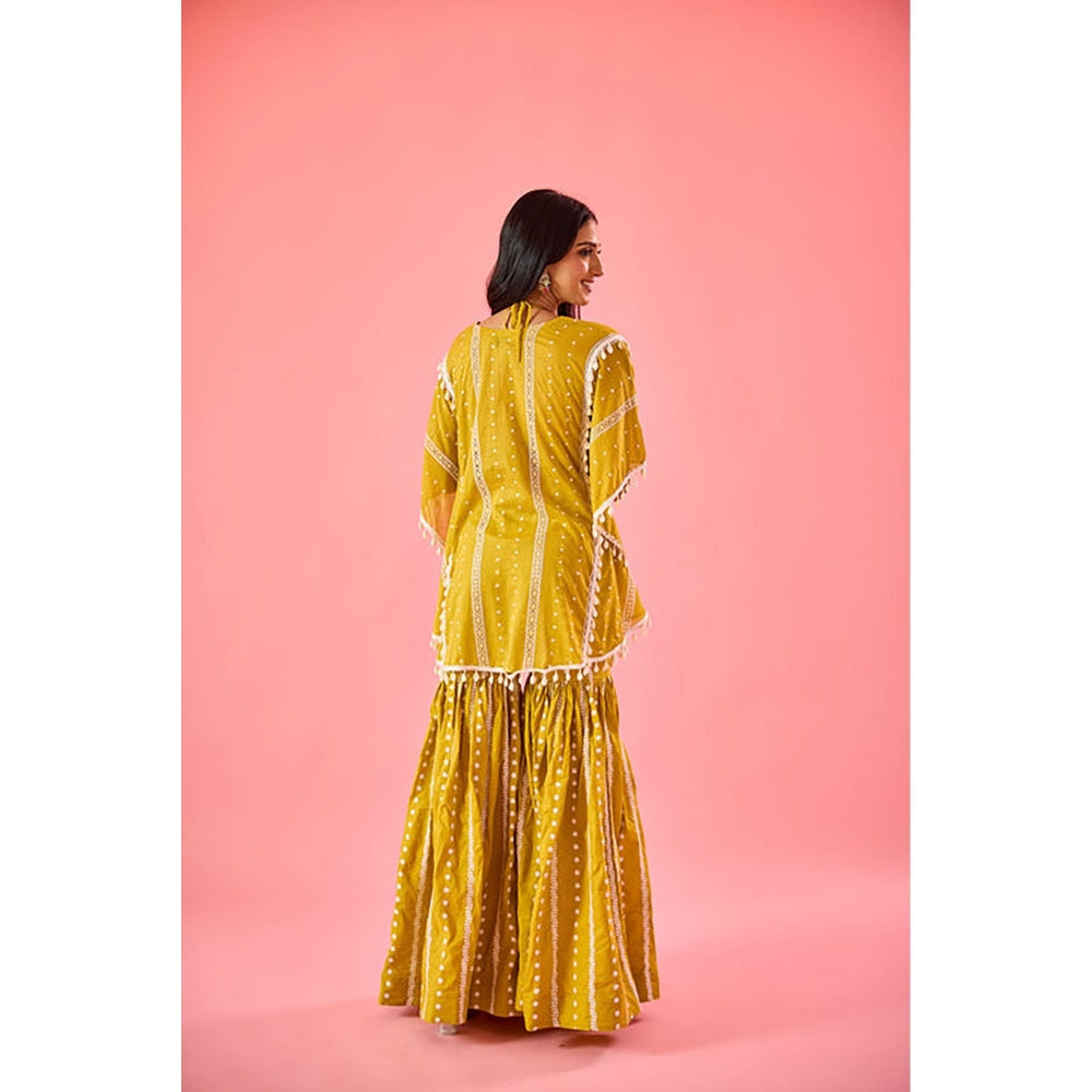 Old Marigold Yellow Embroidered V-Neck Kaftan with Blouse and Sharara