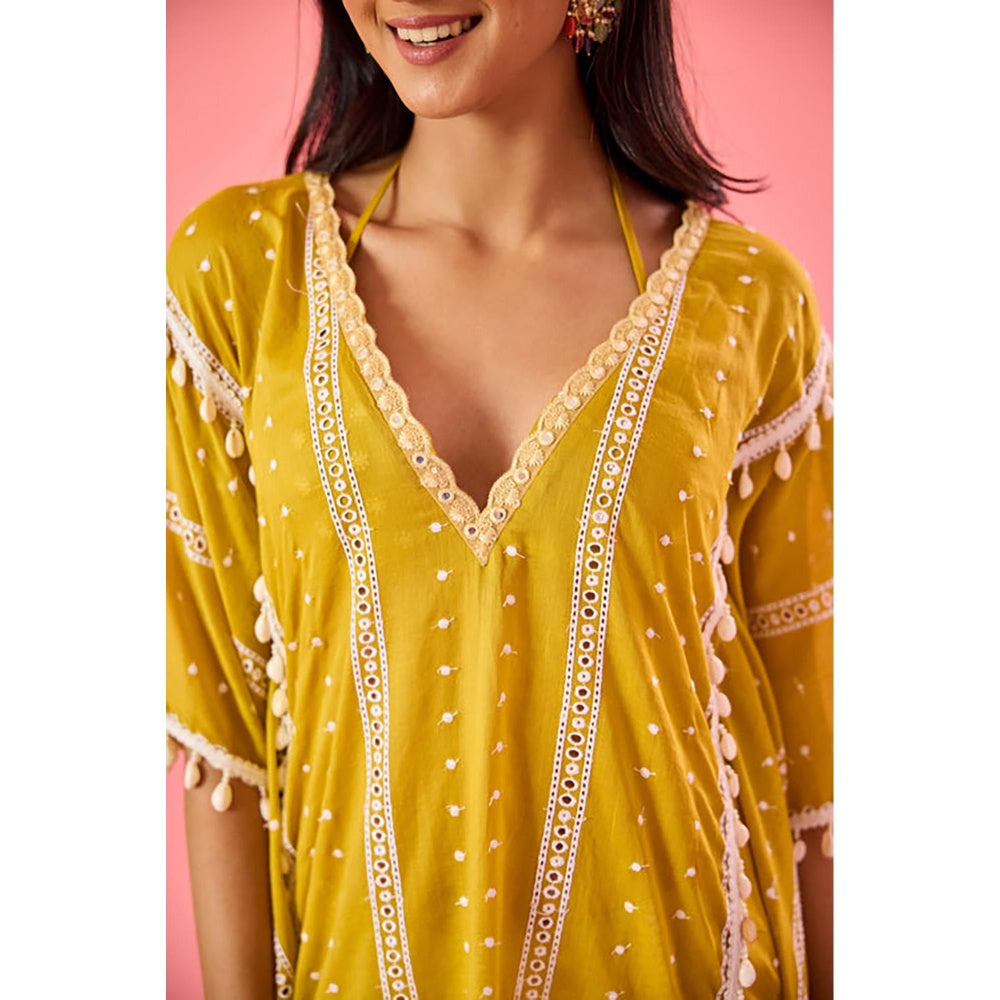 Old Marigold Yellow Embroidered V-Neck Kaftan with Blouse and Sharara