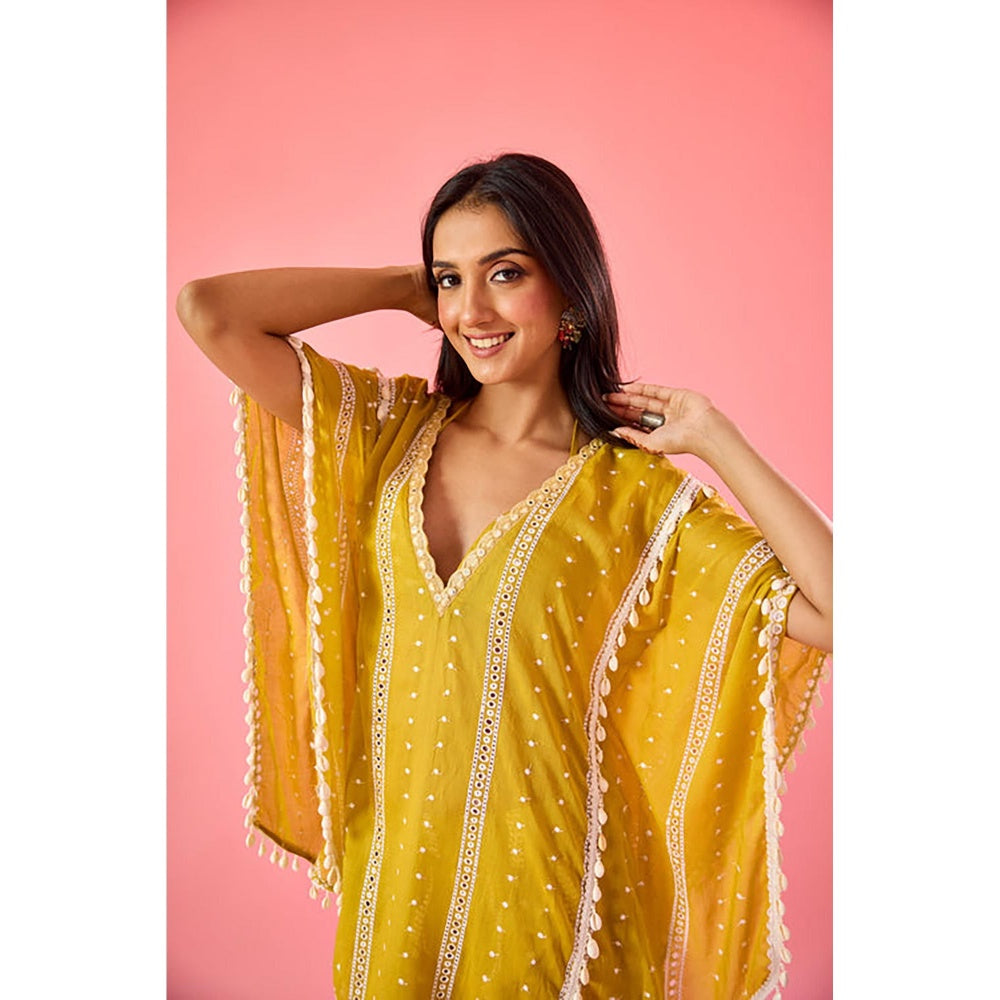 Old Marigold Yellow Embroidered V-Neck Kaftan with Blouse and Sharara