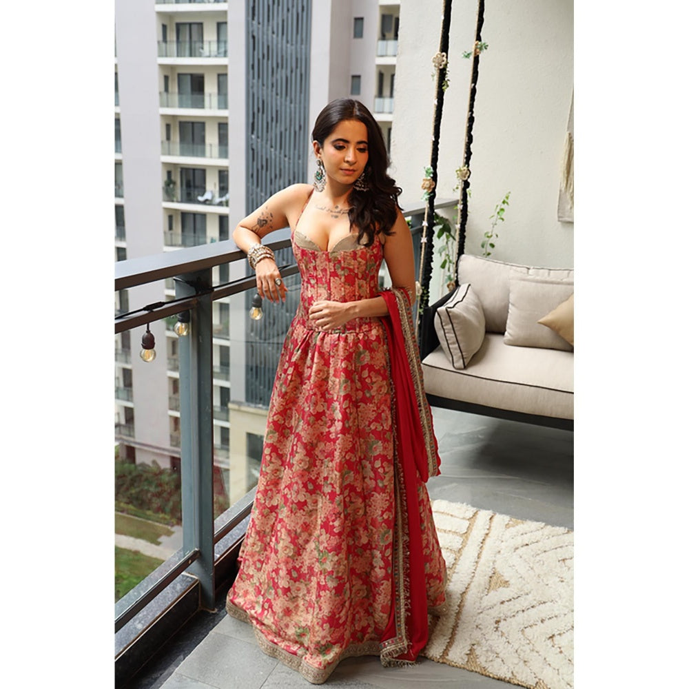 Old Marigold Pink Corset Tissue Lehenga with Blouse and Dupatta