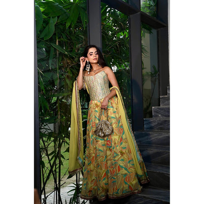 Old Marigold Amal Yellow Crepe Lehenga with Blouse and Dupatta