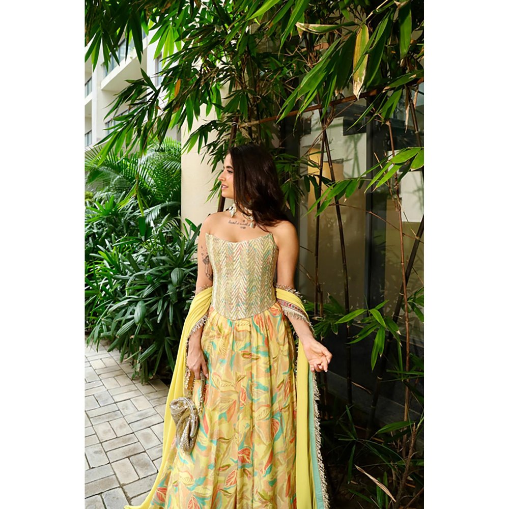 Old Marigold Amal Yellow Crepe Lehenga with Blouse and Dupatta