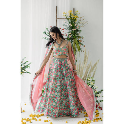 Old Marigold Harsingaar Pink Printed Chanderi Lehenga with Blouse and Dupatta